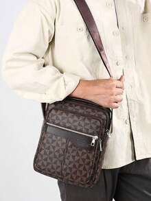 Geometric Letter Pattern Men's Crossbody Bag, Patchwork Multi-Zipper Top Handle Adjustable Shoulder Strap Business Casual Vertical Messenger Bag - Multicolor - View 7