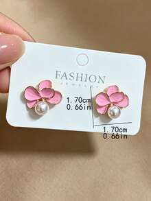 1 Pair Sweet Pink Flower & Faux Pearl Stud Earrings, Fashionable Minimalist Niche Design Earrings Suitable For Teenage Girls, Daily & Festival Wear - Pink - View 3