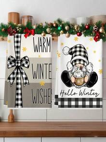 1pc/2pcs Snowman Black & White Plaid Bow Design Kitchen Towel, Christmas Daily Tea Towel, Christmas Baking Dish Cloth Home Decor - Multicolor - View 14