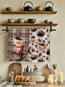 2pcs Coffee Theme Plaid Kitchen Towels, Coffee Bean & Coffee Cup Print Dish Cloths, Soft Absorbent Microfiber Dish Towels, Kitchen Towel Set, Suitable For Kitchen Decor, Dining Table Decor, Bathroom Decor Towel Set, Warm Gift For Friends And Family - Multicolor - View 4