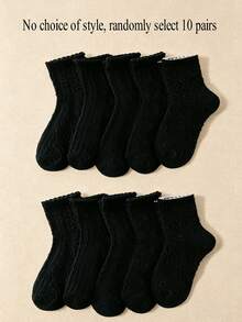 10 Pairs Girls' Sweet Lady Princess Style Solid Color Jacquard Short Socks, All-Season Versatile Girls' Socks With Snowflake, Diamond Pattern And Other Floral Knitted Designs, Assorted Style Pack, Suitable For Spring And Autumn School Wear, Matching School Uniforms - Black - View 9