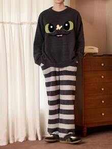 Gongdie Universal 2pcs/Set Toothless Men's Couple Fleece Pajama Set, Winter Gray Striped Thickened Loungewear With Pockets - Grey - View 9