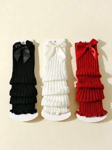 3 Pairs Girls Bowknot Decorated Vertical Striped Spring Autumn Leg Warmers, Knitted Leg Warmers Slouch Leg Warmers - Multicolor - View 5