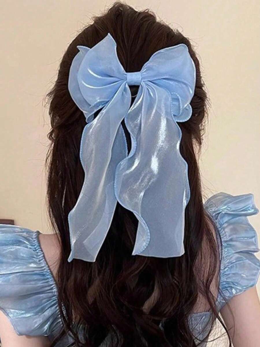 1pc Sweet Blue Princess Mesh Big Bow Ribbon Spring Clip, Elegant And Gentle Hair Accessory - Blue - View 1