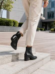 Women's Crocodile Embossed Pointed Toe Chunky Heel Ankle Boots, Side Zipper Elegant Fashion Slim Fit Boots, Versatile For Autumn/Winter - Black - View 3