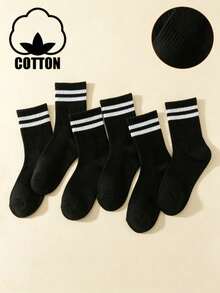 6雙兒童條紋彈性運動短襪，雙條棉質四季休閒百搭短襪，吸汗防臭 - 黑色 - 查看 9