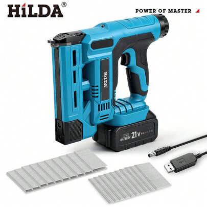 HILDA Pistola de Clavos y Grapas Inalámbrica 2 en 1 de 21V | Clavadora de Brad Resistente con Batería de 3AH de Larga Duración, 2000 Clavos y 6 Ajustes de Potencia | Pistola de Clavos Inalámbrica con Batería | Pistola de Clavos para Carpintería y Tapicería & Regalos Perfectos para Aficionados al Bricolaje