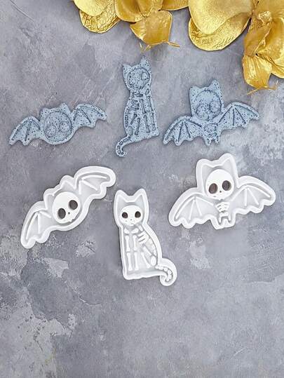 해골 고양이 & 박쥐 폴리머 클레이 커터, 고딕 할로윈 엠보싱 클레이 몰드, DIY 수제 클레이 귀걸이용 임프린트 커터, 주얼리 공예 용품