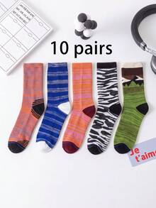 1/5/10 Pairs Ins Retro Colorblock Striped Socks, Outdoor Mountain Print Zebra Pattern Mid-Calf Socks, Unisex Versatile Happy Crazy Socks - Multicolor - View 12