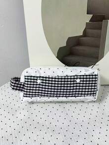 Japanese Niche Design Ins Style Polka Dot Plaid Pencil Case For Women, Large Capacity Travel Portable Handbag, 3D Makeup Organizer Bag - White - View 5