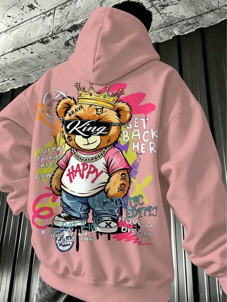 Plus Size Men's Pink American Hip Hop Hoodie With Crown Bear Graffiti Print On Back - Pink - View 1