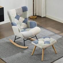 Relaxing Rocking Chair With Footrest, Modern Fabric Armchair, Upholstered Sofa Bed For Living Room, Bedroom, Office (Patchwork Color, Houndstooth Pattern) -- Max Load 110 Kg - Blue - View 4