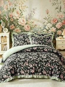 2/3pcs Black Floral Duvet Cover Set (1 Duvet Cover + 1 Or 2 Pillowcases), Ruffle Design, Fresh Pastoral Style, Suitable For Bedroom, Guest Room, All Seasons, Great Gift, Machine Washable, No Filling Included - Pastel Green - View 2