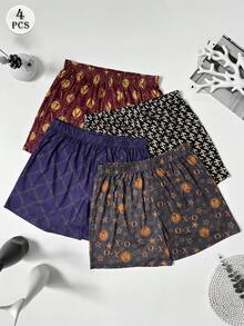4pcs Men's Luxury Black & Gold Series Printed Pajama Pants, High-End Elastic Comfortable Boxer Shorts, Plus Size, Breathable Thin Fabric With Elastic Waistband - Multicolor - View 1