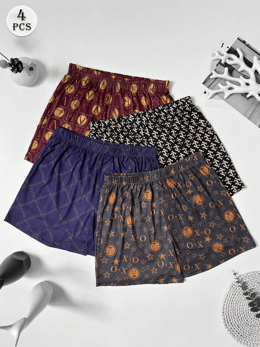 4pcs Men's Luxury Black & Gold Series Printed Pajama Pants, High-End Elastic Comfortable Boxer Shorts, Plus Size, Breathable Thin Fabric With Elastic Waistband - Multicolor - View 1