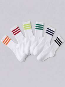 1/6/12 Pairs Women's Mid-Calf Socks, Multi-Color Three-Stripe Cuff Decor, Breathable & Moisture-Wicking, Mid-Calf Sports Socks, Suitable For Daily, Autumn/Winter, Holiday - Multicolor - View 4