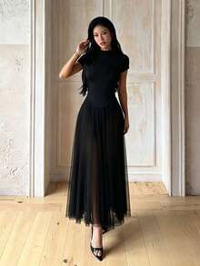 1pc Solid Color Elegant Knit Fabric Sleeveless Dress Beach Summer - Black - View 1