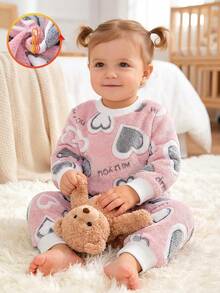 Infant Girls Pink & White Heart Print White Ribbed Cuffed Comfortable Long Pants & Long Sleeve 2 Pieces Set Autumn/Winter Loungewear - Multicolor - View 4