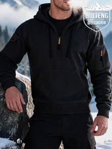 Sweatshirt berkerudung setengah resleting pria dengan tudung bertali, saku lengan berresleting, dan desain saku kanguru, cocok untuk berkemah, mendaki, dan berbagai aktivitas rekreasi luar ruangan. - Hitam - View 3