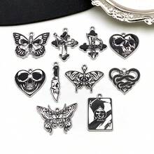 3/10pcs Halloween Gothic Enamel Charms Skull Moth Butterfly Snake Cross Poker Card Pendant For DIY Bracelet Necklace Jewelry Making Findings - Black - View 1