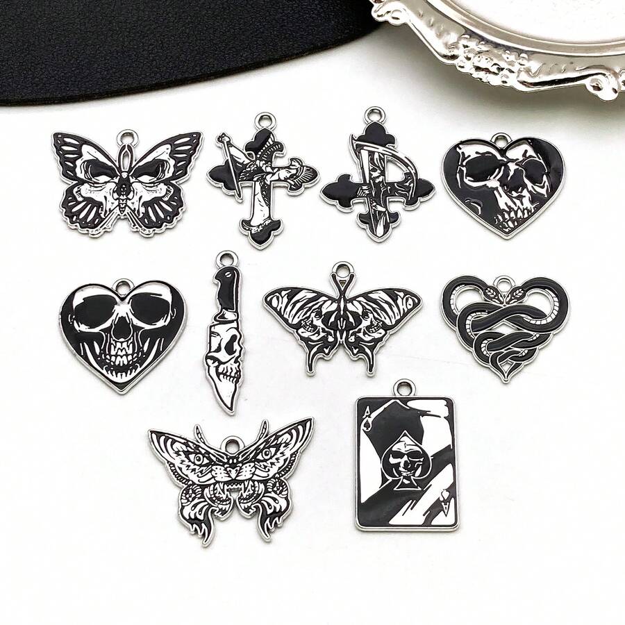 3/10pcs Halloween Gothic Enamel Charms Skull Moth Butterfly Snake Cross Poker Card Pendant For DIY Bracelet Necklace Jewelry Making Findings - Black - View 1