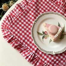 1pc/2pcs/6pcs French Pastoral Plaid Placemats, Princess Style Red & Green Checkered Reversible Dining Mats With Ruffle Edges, Cute Food Serving Plate Mats - Multicolor - View 1