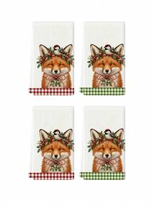 2pcs/4pcs Christmas Kitchen Towels, Fox Bird Holly Berry Print, Red & Green Plaid Border Holiday Home Decor Hand Towels - Multicolor - View 10