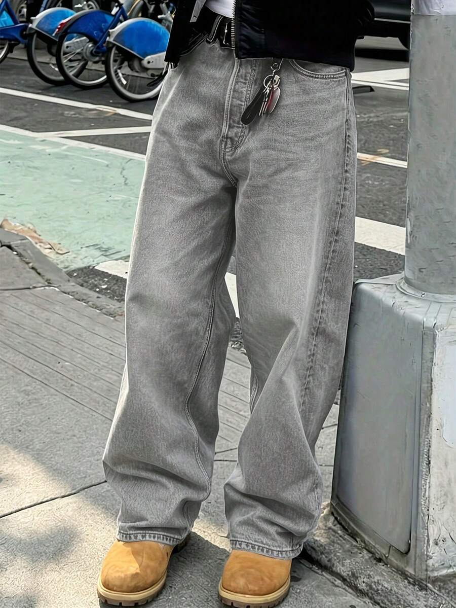 Teen Boy Casual Daily Washed Slanted Pocket Wide Leg Jeans - Light Grey - View 1