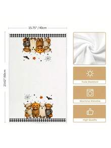 2pcs/4pcs Halloween Kitchen Towels, Highland Cow Mummy Ghost Skeleton Pumpkin Bat Spider Web Print, Plaid Trim Home Decor Hand Towels - Multicolor - View 3