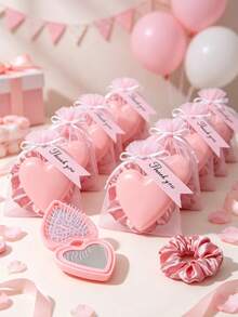 8/4/1 Set - Gender Reveal Party Favors, Pink Heart-Shaped Portable Folding Mirror Comb With Organza Bag And Thank You Card Gift Set - DIY Fillable Gift Bag, Cute Pink Heart Folding Mirror Comb, Scalp Massage Gift Packaging Bag Thank You Gift - Suitable As Baby Shower Party Favors, Baby Shower Gifts, Gender Reveal Party Theme, Children's Birthday Gifts, Guest Favors, Ideal Choice For Party Supplies And Decorations - Multicolor - View 7