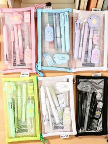 1 Set Kotak Pensil Jaring, Set Alat Tulis Minimalis, Kreatif, Alat Tulis Praktis untuk Siswa, Pembelajaran, Siswa Sekolah Dasar, Hadiah Penghargaan - MultiWarna - View 8