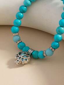 1pc Vintage Round Bead Turquoise Glowing Bracelet, Flower Elastic Bangle, Handmade Beaded Jewelry - Blue - View 3