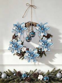 Christmas Artificial Glitter Red Poinsettia, Blue Christmas Tree Decor With Stem, Suitable For Christmas Tree Hanging, Wreath DIY Crafts, Bouquets, Wedding Party Decoration - Blue Silver - View 5