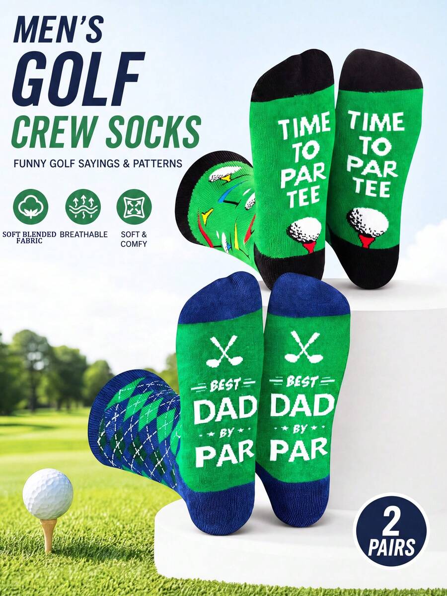2 Pairs Men's Golf Fashion Fun Theme Mid-Calf Socks, Business Casual Sports Daily Versatile, Suitable For Daily Wear, Sports, Gifts