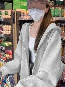 YCYC Grey Hooded Sweatshirt Women Loose Casual Jacket Slouchy Versatile Solid Color Top - Light Grey - View 2