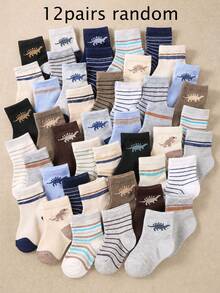 24/12/6 Pairs Random Baby Mid-Calf Socks, Fun Dinosaur Animal Jacquard Pattern Socks, Horizontal Stripe Print Mixed Design, Cute Cartoon Dinosaur Knitted Pattern, Neutral Blue Earth Tone Multi-Color Combination, With Ribbed Elastic Cuff, Soft Breathable And Elastic, Suitable For Little Boys And Girls Daily Casual Wear. - Multicolor - View 14