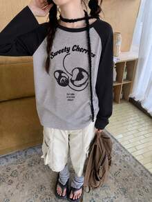 Y2K Women's Colorblock Patchwork Cherry Print Letter Long Sleeve T-Shirt, Versatile Spring/Autumn Casual Korean Ins Style Round Neck Raglan Long Sleeve Top - Dark Gray - View 5