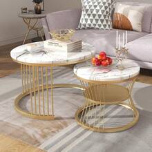 Set mit 2 modernen niedrigen Tischen - Rund - Marmoroptik - Marmorschichtung - Seitlicher Sofa - Runde Nesting-Tische - Beistelltisch - Niedriger Tisch - Weiss - Übersicht 4