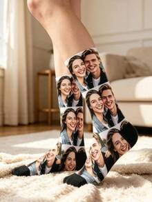 1 Pair Customized Face Socks, Personalized Photo Couple Mid-Calf Socks, Unique Custom Anniversary, Valentine's Day, Birthday, Holiday Gift - White - View 4