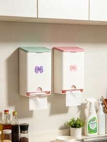 Cute Bow Wall-Mounted Tissue Box, Bathroom Sanitary Napkin Storage Box, Vertical Striped Textured Shell, No-Drill Adhesive Wall Installation. Smooth Dispensing Opening, Can Hold Face Towels, Tissues, Flip-Top Design For Easy Refill. White And Pink Contrast Color Girly Style, Suitable For Bathroom Vanity, Frees Up Countertop Space, Practical Home Storage For Face Towels And Tissues. - Multicolor - View 5