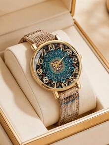 Women's Boho Bohemian Quartz Watch Vintage Floral Geometric Print Pattern Dial Woven Strap Elegant Wristwatch Gift For Her Birthday Christmas - Beige - View 1