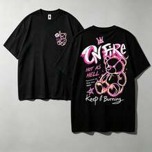 T-Shirt Bear On Fire aus hochwertiger Baumwolle, Unisex, Basic-Mode, Streetwear Fire - Schwarz - Übersicht 1