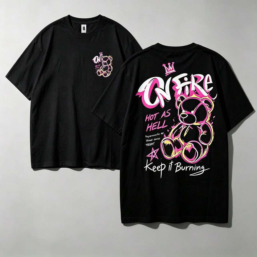 T-Shirt Bear On Fire aus hochwertiger Baumwolle, Unisex, Basic-Mode, Streetwear Fire - Schwarz - Übersicht 1