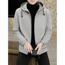 Wind-Resistant Zip-Up Coat For Autumn Outdoor Activities, Stylish And Warm Casual Hooded Solid Color OuterwearMen'S Fleece Jacket, - Light Grey - View 5