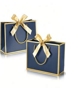 Gift Set For Her/Him 1pc/2pcs, Includes Gold Ribbon, Tissue Paper And Blue Gift Bag, Blue Gift Bag With Gold Trim And Handle, Paper Gift Bag, Shopping Bag, Gift Bag With Bow Ribbon, Suitable For Wedding, Birthday, Valentine's Day, Christmas - Multiple Styles - View 3