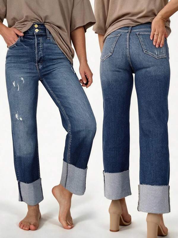 Women's Casual Straight Leg Jeans, Button Detail And Frayed Hem, Full Length, Slightly Stretchy Fabric, Suitable For Daily Wear Spring Vacation Fall