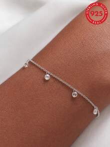 1pc S925 Sterling Silver Delicate Minimalist Luxury Gentle Rhinestone Pendant Bracelet For Women, Personalized Fashion Elegant Elegant Cool Aesthetic Ins Artistic Style Niche Jewelry, Daily Commute Date Outfit Romantic Atmosphere Sparkling Exquisite Wrist Accessory, Gift For Girlfriend Best Friend Holiday - Diamond - View 7