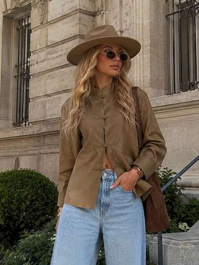2026 Fall Fashion Women Satin Knot-Button Shirt Vintage Chinese Style Mandarin Collar Long Sleeve Blouse Female Elegant T