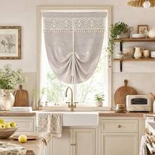 1PC Bohemian-Style Solid Color Tassel Curtain,Providing Privacy; Light Brown Faux Linen Curtain For Living Room And Bedroom;Height Adjustable Home Drapes - Beige - View 3