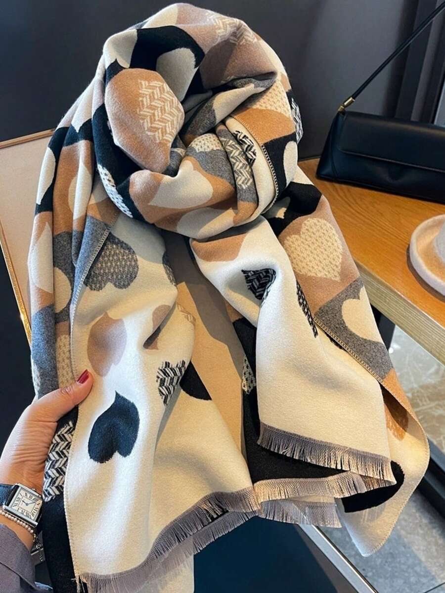 1pc Sweet Heart Print Scarf Women Winter Double-Sided Dual-Color Warm Shawl Neck Warmer Student Thickened - Beige - View 1